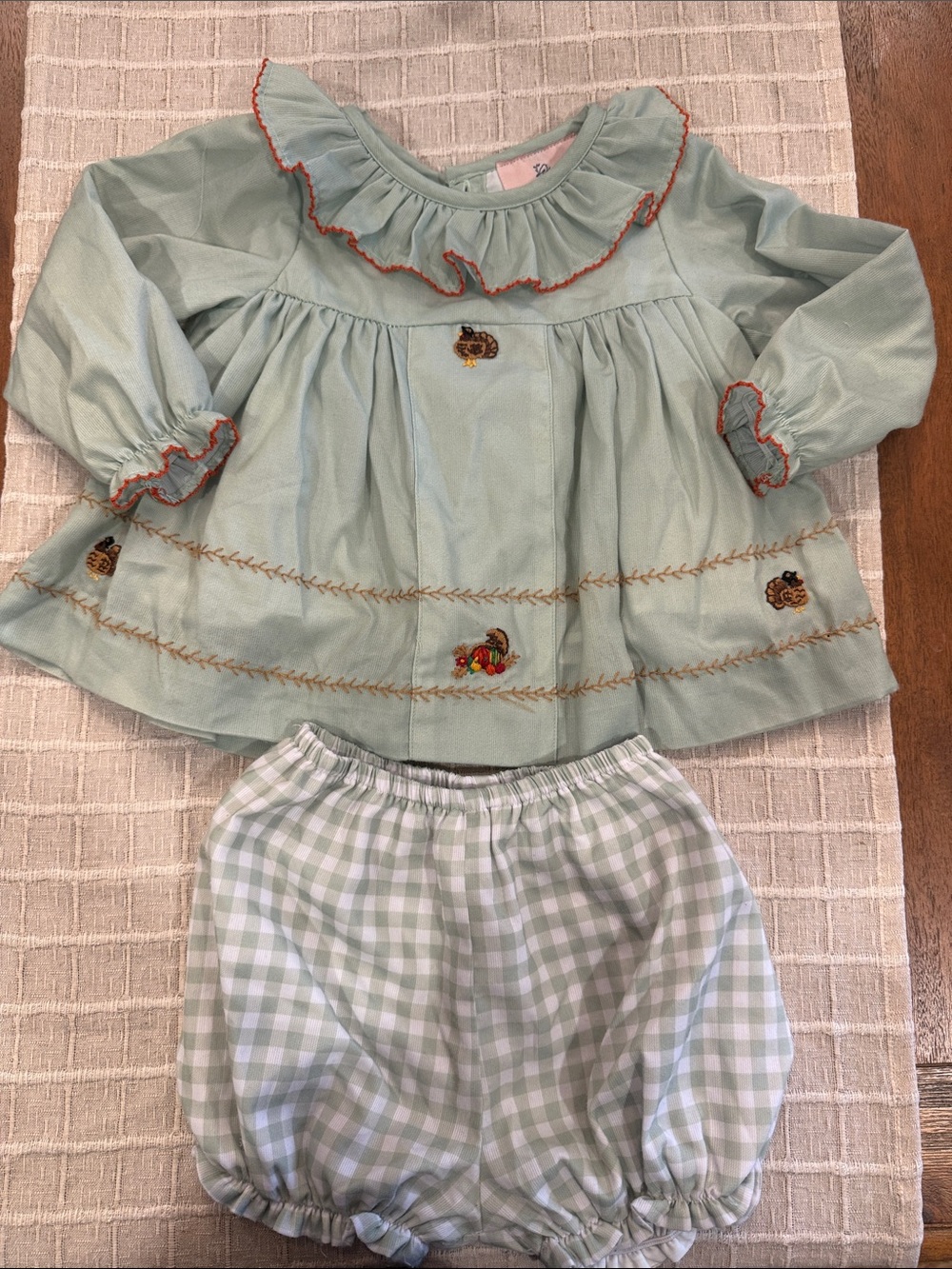 Smockingbird Girls Mint Green Ruffle Top & Gingham Bloomers Matching Set